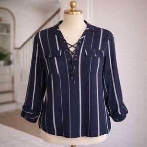 Dynamite Navy White Stripe Blouse Medium